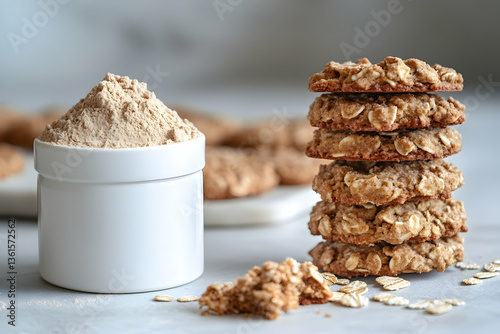 Oatmeal cookies with multivitamins and a circular container of protein powder on a grey background