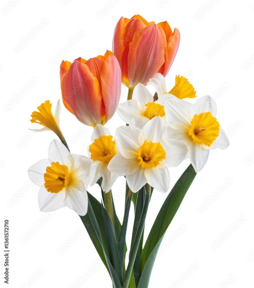 bouquet of tulips and daffodils on white background. bouquet of tulips and daffodils on white background.