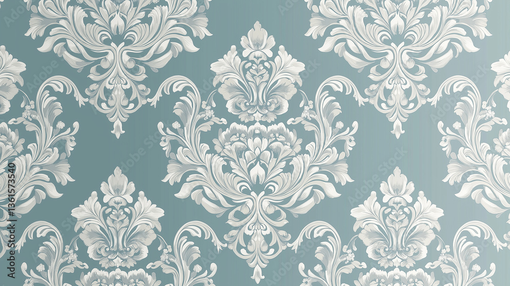 White damask pattern on a sax blue background White damask pattern on a sax blue background