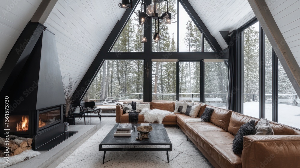 Obraz premium Modern cabin living room with snowy view