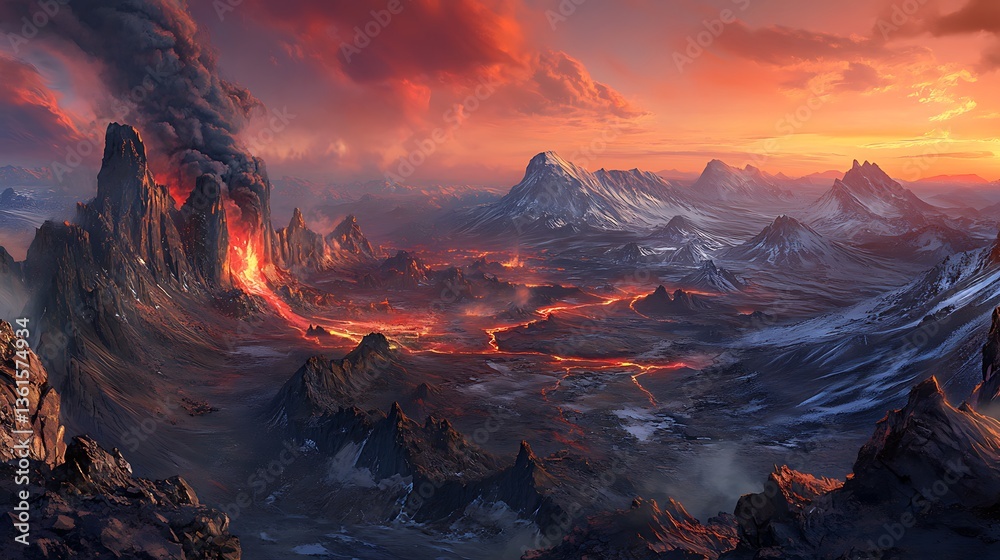 Fototapeta premium Volcanic eruption at dusk, fiery lava flowing through valleys and rocky mountains