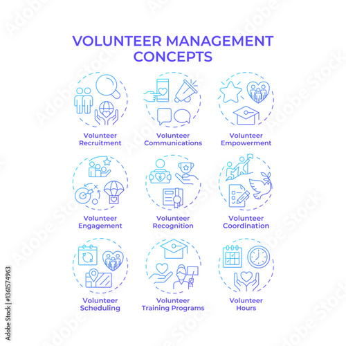 Volunteer management blue gradient concept icons. Supporters engagement in social activities. Non profit organizations. Icon pack. Vector images. Round shape illustrations for booklet. Abstract idea