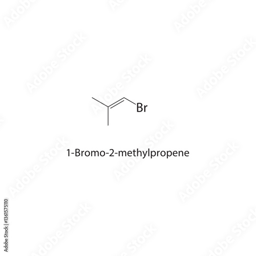 1-Bromo-2-methylpropene skeletal structure. Alkene compound schematic illustration. Simple diagram, chemical formula.