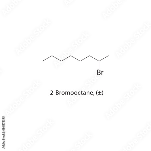 2-Bromooctane, (±)- skeletal structure. Alkyl bromide compound schematic illustration. Simple diagram, chemical formula.