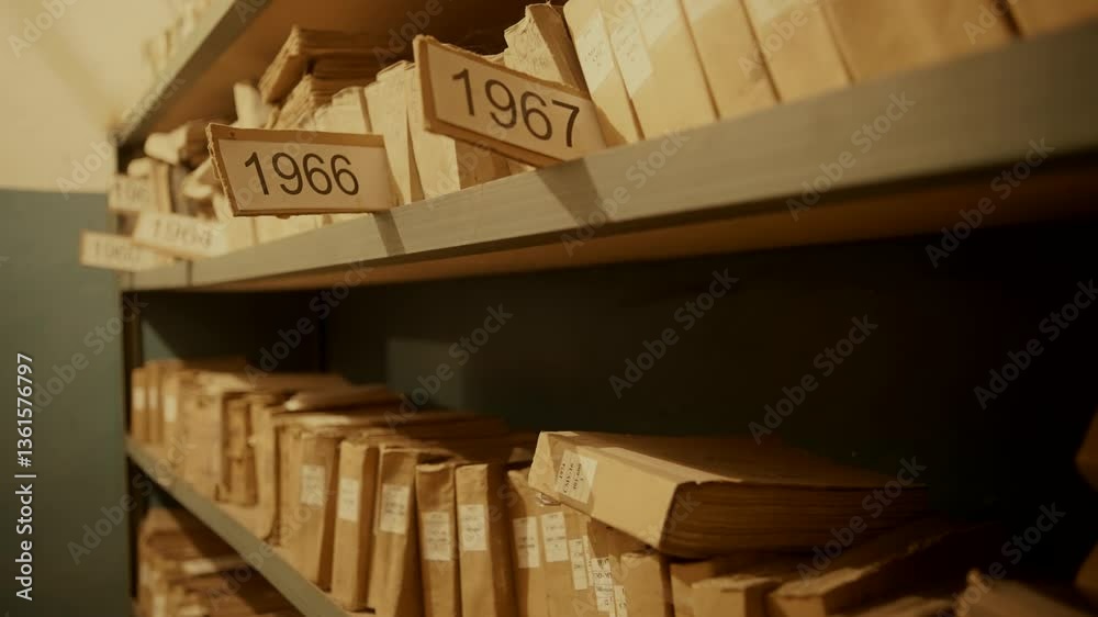 Archival storage room featuring shelved files labeled by historical years	