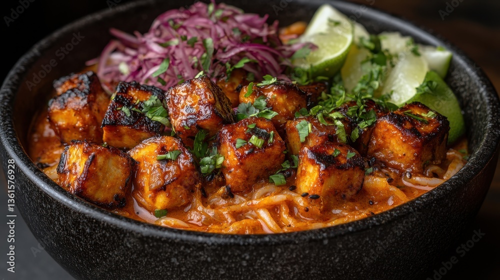 Delicious looking food served in a black bowl ready to eat Delicious looking food served in a black bowl ready to eat