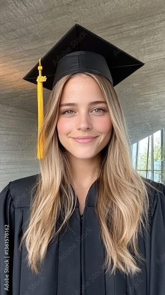 A joyful female graduate stands proudly in her graduation attire, showcasing her long blonde hair and sparkling eyes as she smiles