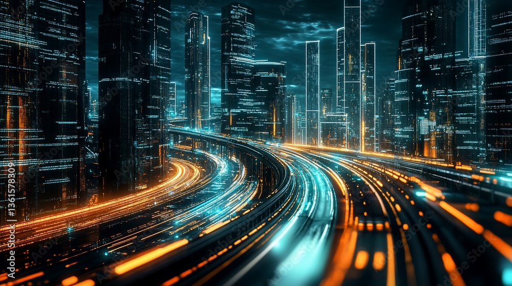 Naklejka premium Futuristic cityscape with glowing traffic trails and towering skyscrapers at night