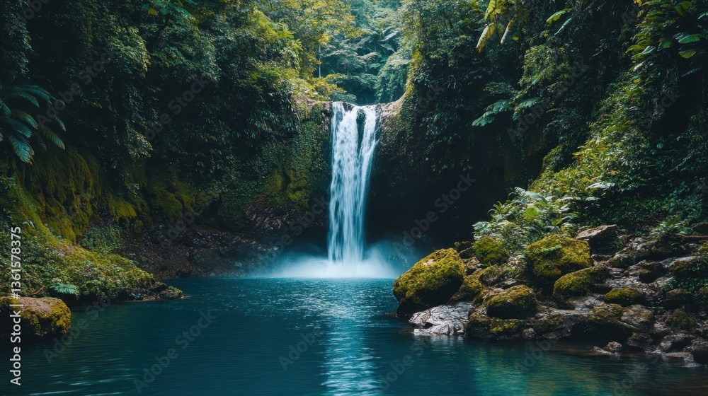 Naklejka premium Majestic waterfall cascades into serene pool surrounded by lush greenery in tropical forest