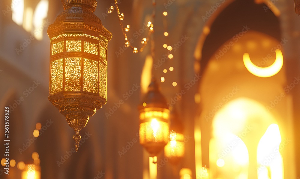 Obraz premium Illuminated lanterns hanging in a mosque, with warm light and architectural details.