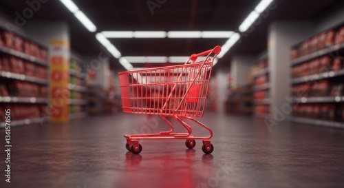 Empty red shopping cart in supermarket aisle.
