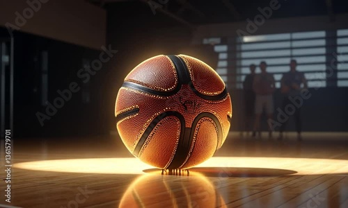 Futuristic glowing basketball resting on a sleek surface, symbolizing innovation in sports technology and digital gaming concepts.