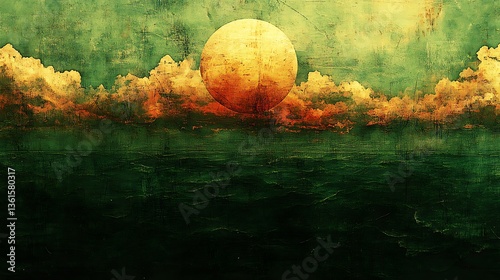Grungy textured landscape with large orange moon and dark clouds.