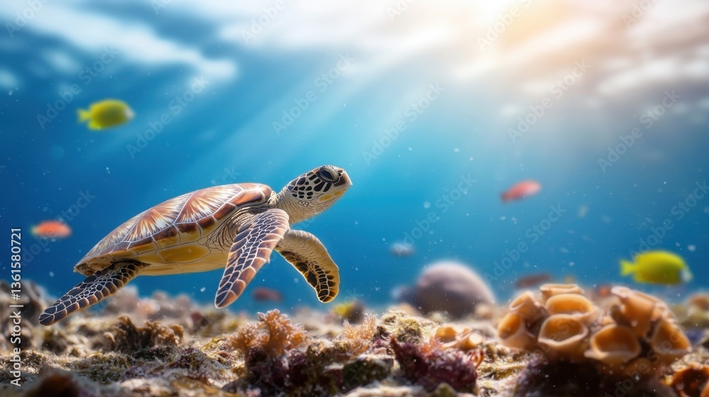 Obraz premium Majestic sea turtle gracefully swimming through crystal clear ocean waters surrounded by vibrant marine life and coral reefs