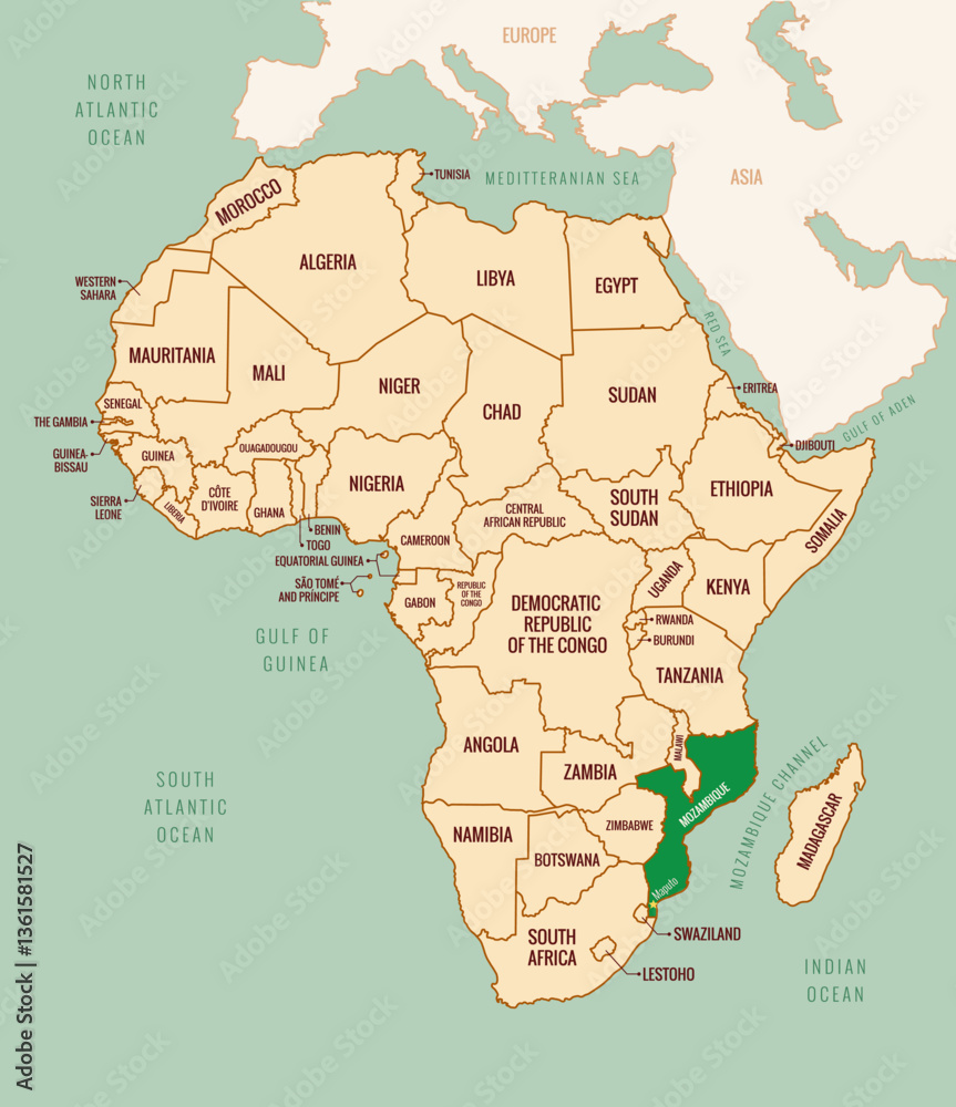 Obraz premium Editable Vector Map of Mozambique, Africa, with country border, country names, and capital city