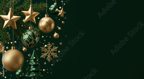 Elegant Christmas ornaments on dark green.