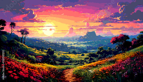 Pixel Art Dot Illustration of a Beautiful Natural Landscape