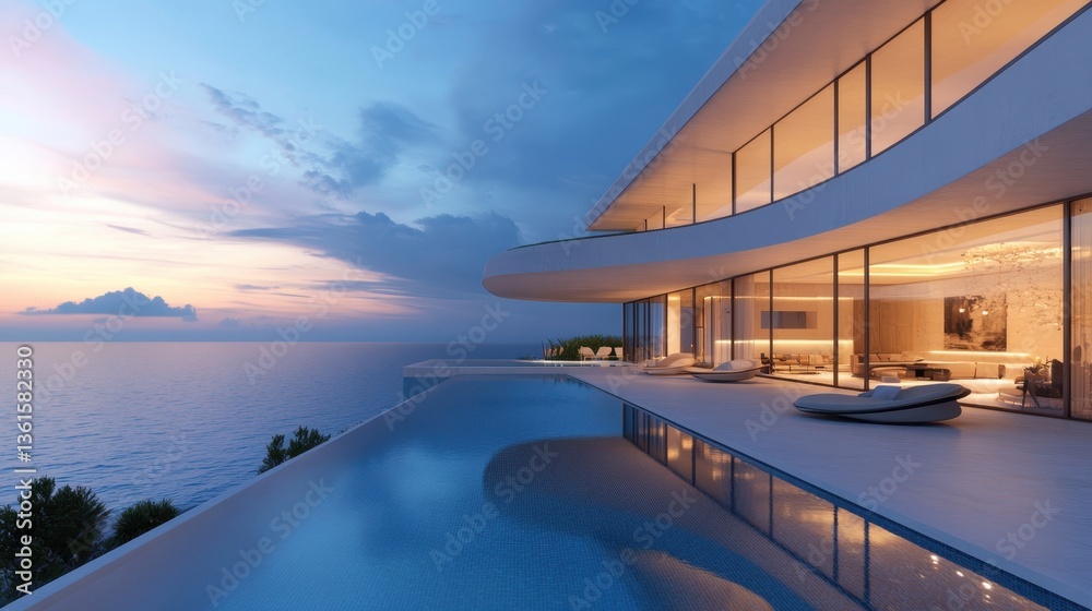 Fototapeta premium Modern villa with infinity pool overlooking the ocean at sunset near coastal cliffs