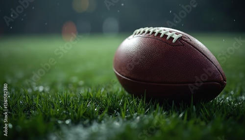 Close-up of american football on green grass field in night. Leather ball with laces lies on turf. Concept of sport game, autumn season. Football season start, professional sport competition. photo