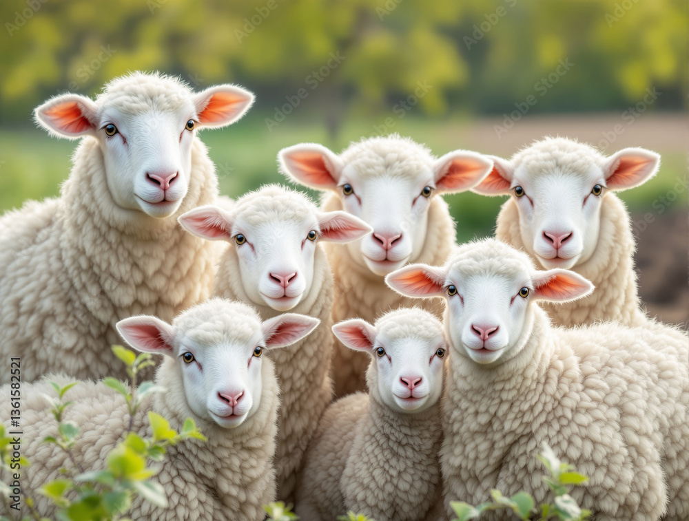Obraz premium Cute fluffy sheep standing closely in a countryside setting with lush green background. Their soft white wool contrasts with the natural rural environment. Ai generative