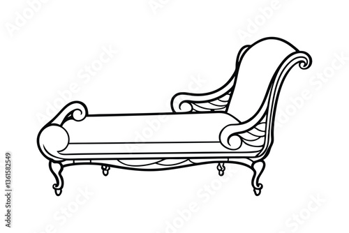 A line art drawing of a luxurious chaise lounge with an elegant curved backrest and ornate detailing vector illustration.eps