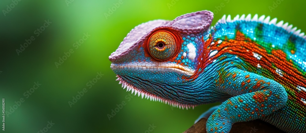 Naklejka premium Detailed Close-Up of a Colorful Chameleon's Intricate Skin Patterns on a Soft Blurred Green Background