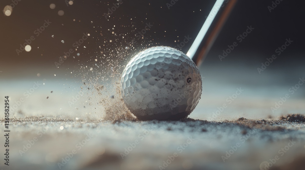 Detailed close up moment of impact as golf club strikes a white golf ball with precision Detailed close up moment of impact as golf club strikes a white golf ball with precision