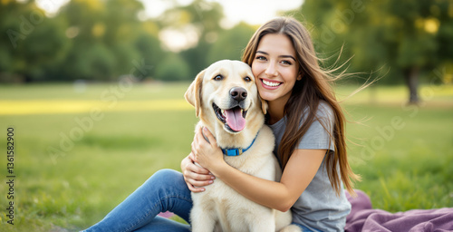 Fototapeta Naklejka Na Ścianę i Meble -  Happy young woman sitting on grass embracing her golden retriever, both smiling. Natural background with green trees. Concept of friendship and pets. Ai generative