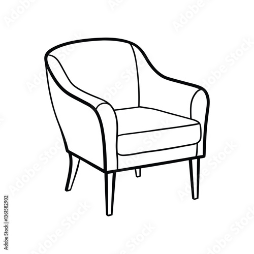 A line art drawing of a modern armchair with a curved backrest and wooden legs vector illustration.eps
