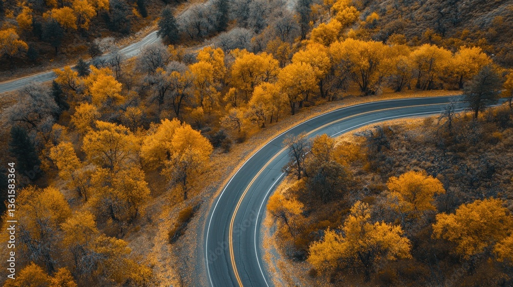 Naklejka premium Elevated view of a road winding through a vibrant forest in rich autumn colors