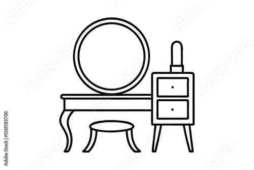 A line art drawing of a small dressing table with a round mirror attached and a stool in front vector illustration.eps