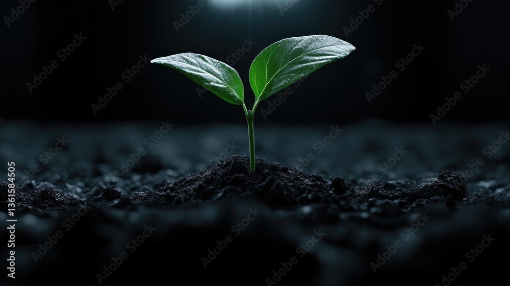 Tiny sprout emerging from dark soil, bathed in soft light (1)