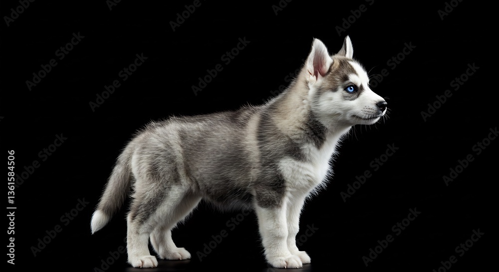 Fototapeta premium 黒背景、愛らしいハスキーの子犬、澄んだ青い瞳が輝く