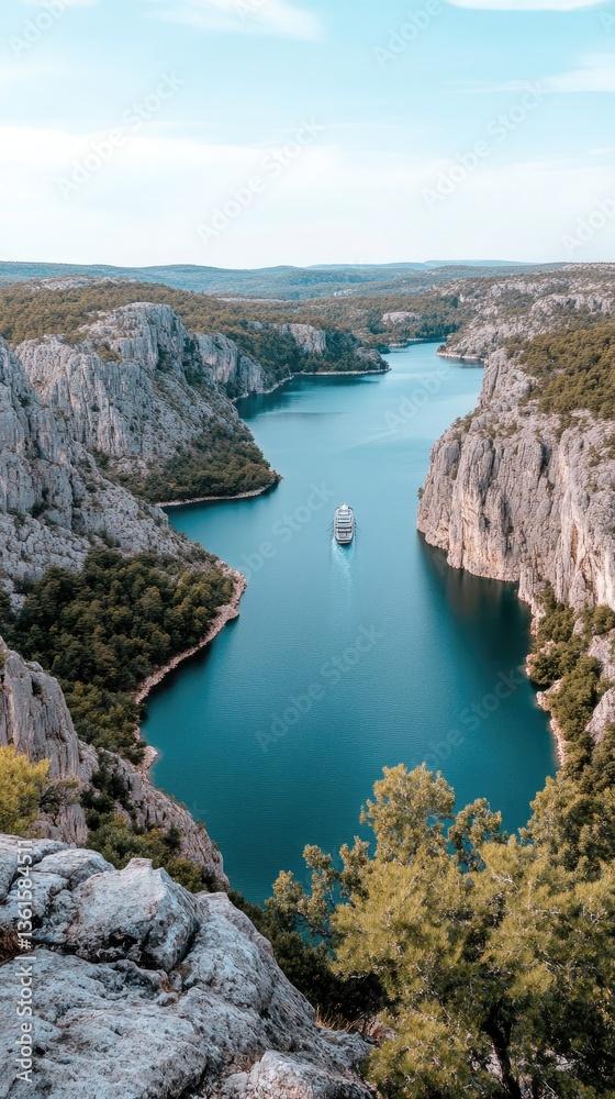 A luxurious superyacht moves swiftly across pristine blue waters, framed by impressive white cliffs in an aerial perspective