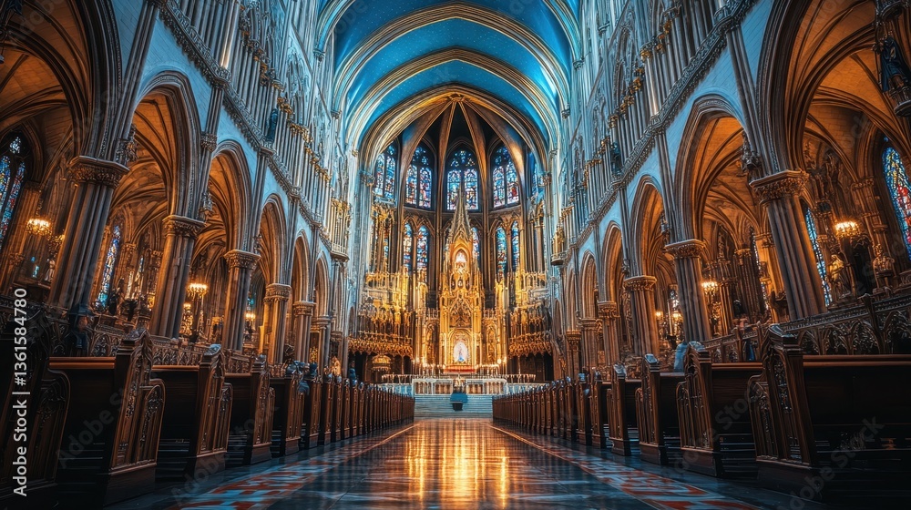 Fototapeta premium Grand interior of a historic cathedral with stained glass and candlelight illuminating the space