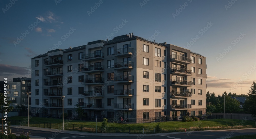 Modern apartment building at sunset. Modern apartment building at sunset.