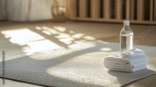 Wallpaper Mural Relaxing yoga space featuring a water bottle, a soft towel, and a textured yoga rug minimalism decor scene Torontodigital.ca