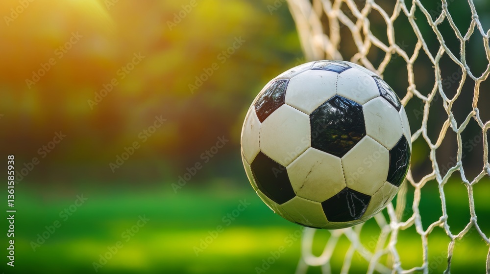 Fototapeta premium Vibrant dynamic soccer ball entering goal during intense sports play over green background