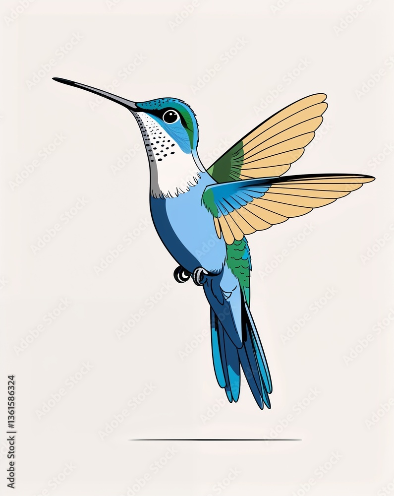 Obraz premium Blue hummingbird on plain white background minimalist clean cartoon style illustration cartoon style illustration