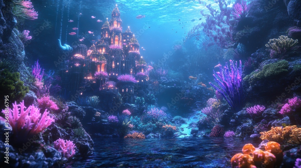 Fototapeta premium Underwater city with vibrant corals and aquatic life thrives in a deep ocean setting during daylight
