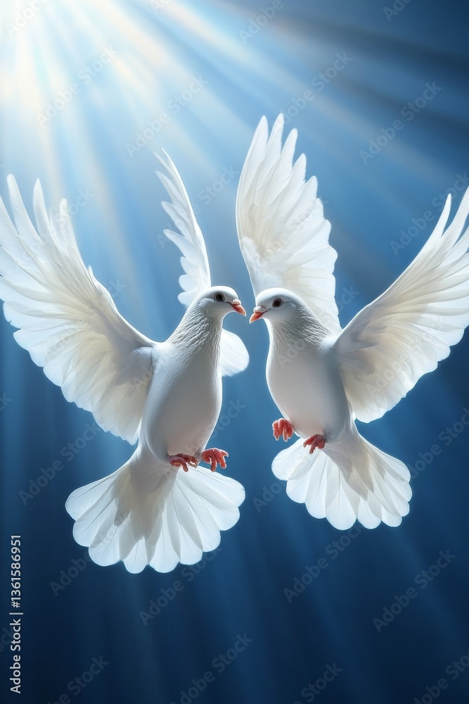 Obraz premium White birds fly across a cloudy sky, illuminated by the sun in the background