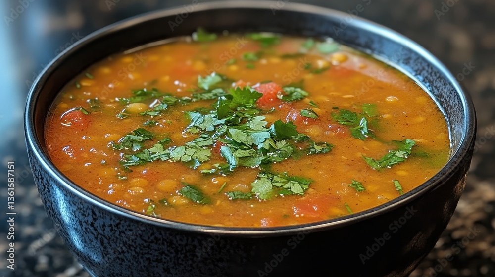 Delicious bowl of tomato based soup with herbs and vegetables Delicious bowl of tomato based soup with herbs and vegetables