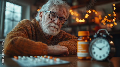 Elderly patient with Parkinson's disease holding prescription medicine bottle, shaking hands grasping medication for neurological disorder treatment, healthcare and aging concept.