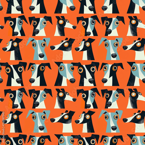 Whippet dog faces seamless pattern on orange background