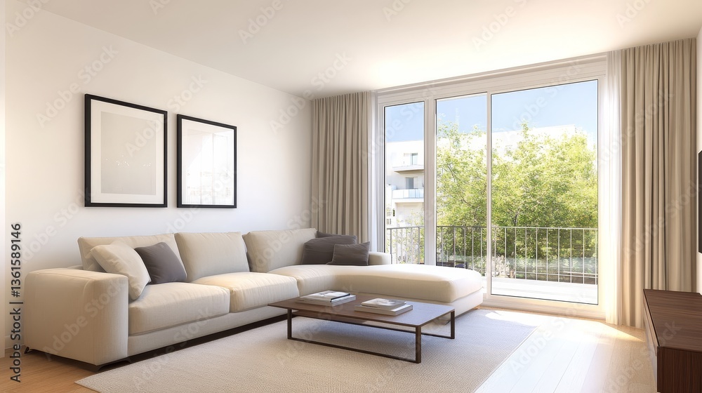 Fototapeta premium Modern living room with a cozy sofa, large windows, and greenery outside, ideal for relaxation