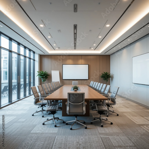 Futuristic Conference Room A modern conference room equipped with the latest technology for business presentations and video conferencing. Generative AI