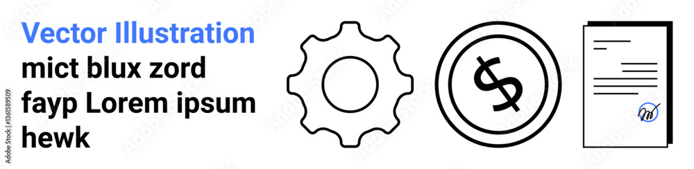 Gear, circular dollar sign, and document with text symbolize workflow, financial management, and formal documentation. Ideal for business processes, finance, productivity, management strategy Gear, circular dollar sign, and document with text symbolize workflow, financial management, and formal documentation. Ideal for business processes, finance, productivity, management strategy