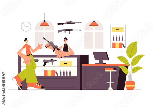 Gun Accessories Shop Vector Illustration featuring a Rifle, Bullets, Weapons, and Hunting Equipment in a Flat Style Cartoon Background