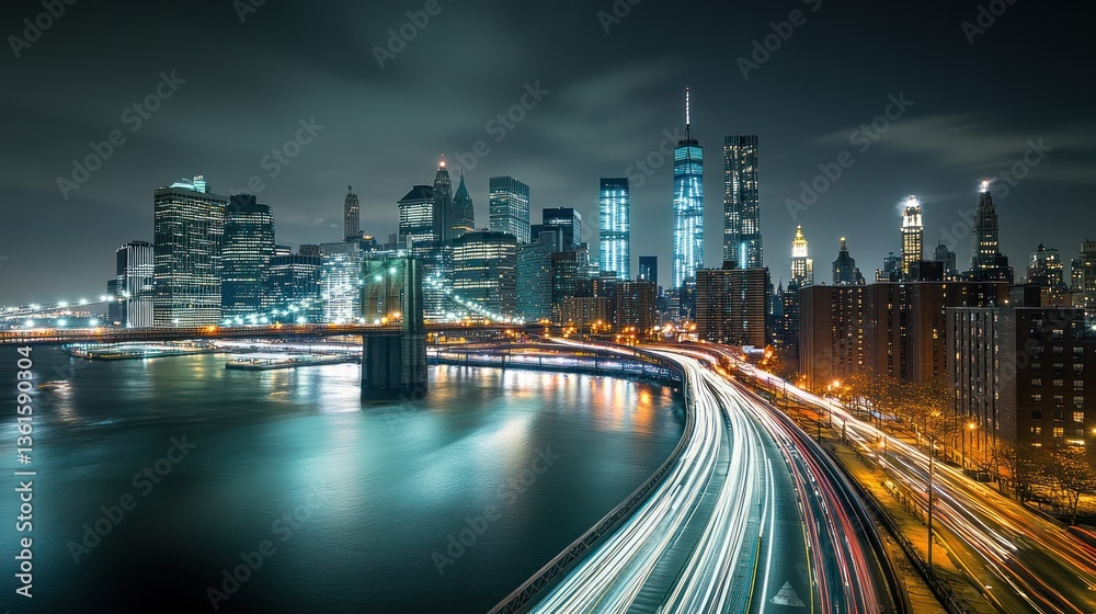 NYC Skyline at Night with Brooklyn Bridge and Traffic Trails NYC Skyline at Night with Brooklyn Bridge and Traffic Trails