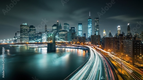 NYC Skyline at Night with Brooklyn Bridge and Traffic Trails
